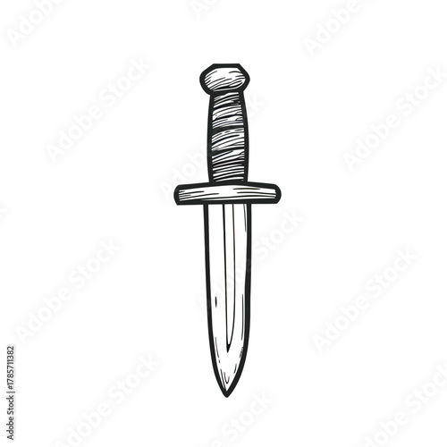 Hand drawn dagger illustration with textured handle and sharp blade in sketch style black and white simple line drawing vector graphic design isolated on white background