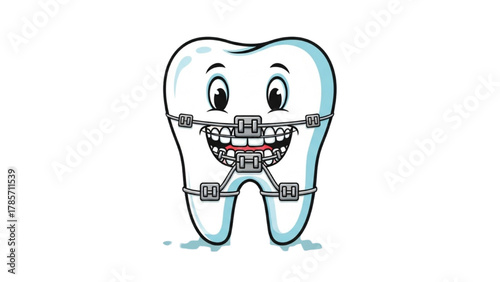 Cartoon Tooth with Braces Illustration Dental Health and Orthodontic Care Concept