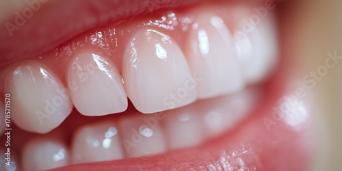 Close-up of teeth during a teeth whitening process, soft focused background, natural light reflections, highly realistic dental scene.