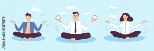 Business people meditating in office clothes practicing mindfulness and stress relief in lotus pose with calm expressions against blue sky background vector illustration