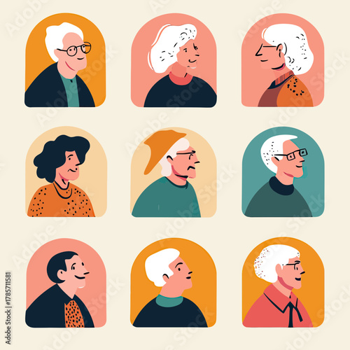 Flat minimalist vector portraits of diverse elderly people with various hairstyles glasses and clothing in colorful rounded frames profile and frontal views illustration