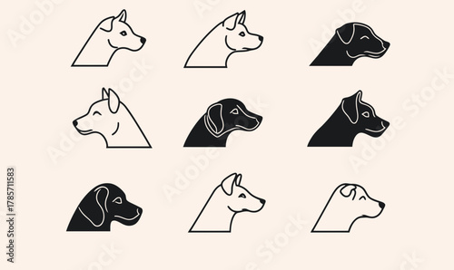 Minimalist black and white dog head icons set with simple outlines and solid silhouettes featuring various dog breeds in profile view for pet or animal design projects