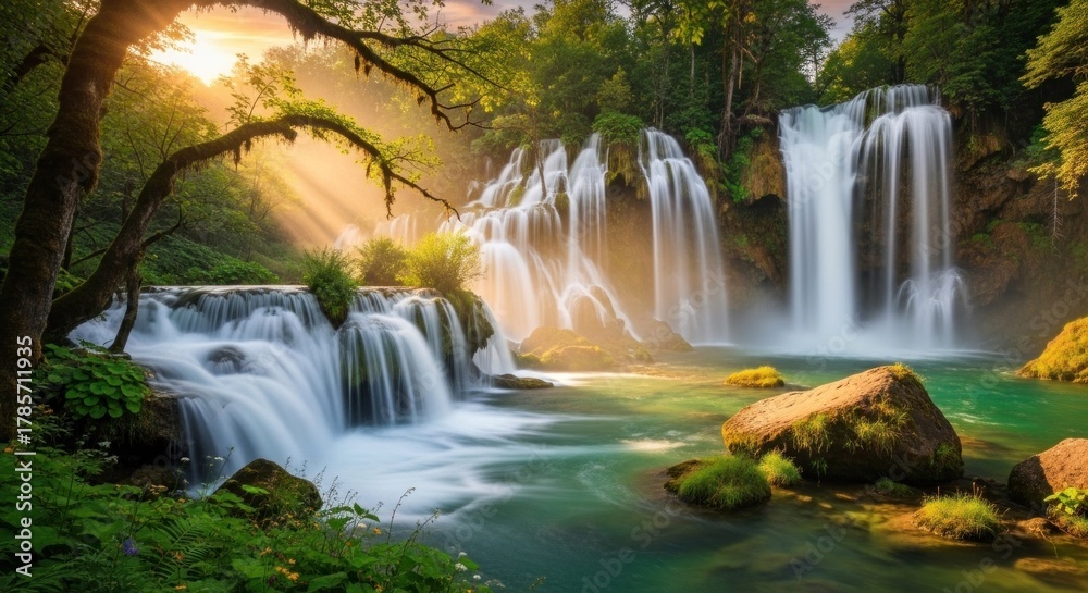 Obraz premium A serene waterfall cascades down a lush green forest, with sunlight filtering through the trees, creating a magical and tranquil atmosphere.