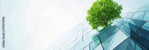 Modern glass office building with bright green tree growing on its reflective facade in bright sunlight urban environment vector illustration