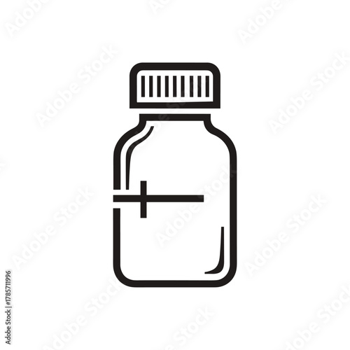Minimalist black and white line icon of a medical bottle with a plus sign.