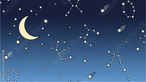 Celestial night sky with crescent moon and constellations, shooting stars