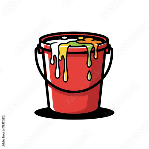 red bucket filled with colored paint.
