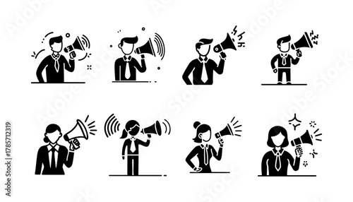 Eight black and white stylized illustrations of people using megaphones