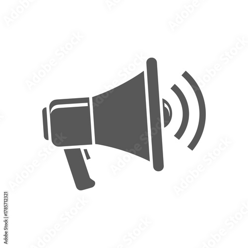A dark gray silhouette of a megaphone emitting sound waves, isolated on a white background.