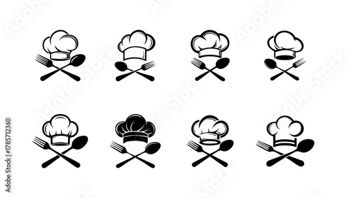 Eight black chef hat, spoon, and fork icons on white. Each icon shows a different design