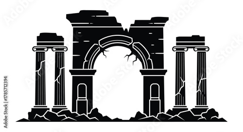 Ancient ruins with broken columns and archway symbolize history.