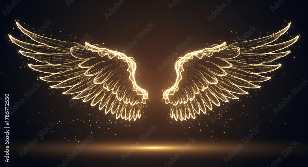 Naklejka premium Stunning golden sparkly angel wings on a black background symbolizing freedom and serenity