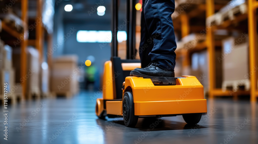 Obraz premium close-up of pallet jack moving heavy materials for delivery in indoor warehouse scene