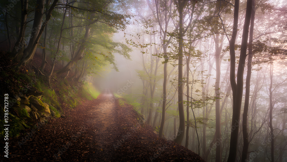 Naklejka premium Misty Forest Path with Autumn Leaves and dappled Sunlight Keywords: forest, path, trail, woods, nature, autumn, fall, leaves, foliage, trees, branches, sunlight