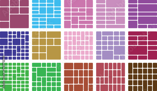 Vibrant abstract geometric grid patterns with varied rounded rectangles