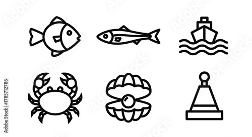 Nautical icons: fish, crab, ship, pearl, buoy