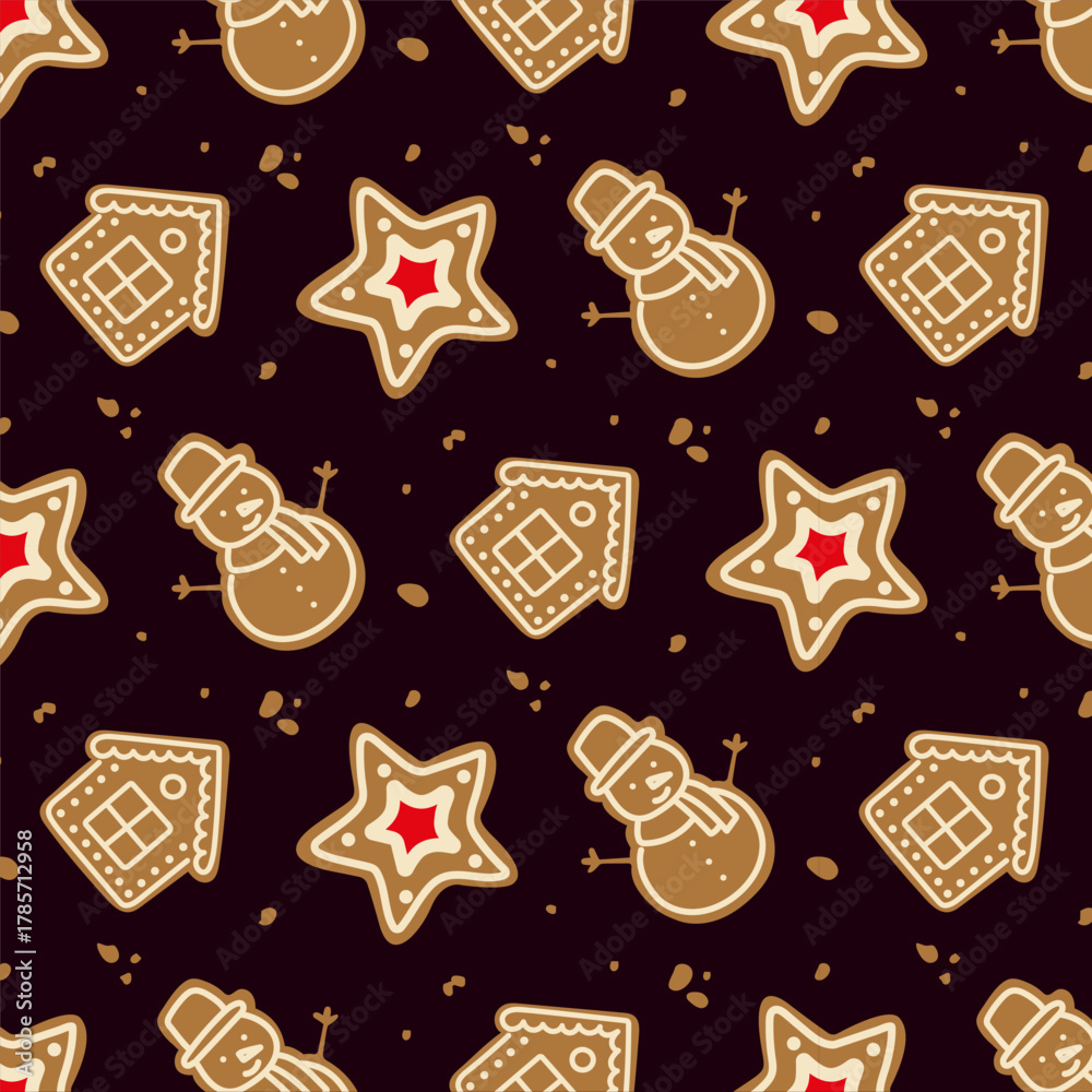 Obraz premium Festive pattern featuring gingerbread cookies and decorations for winter celebration