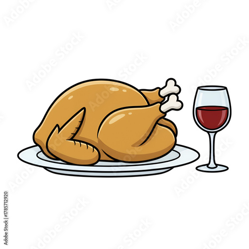 illustration of a turkey on a plate with a glass of drink. isolated on a white background