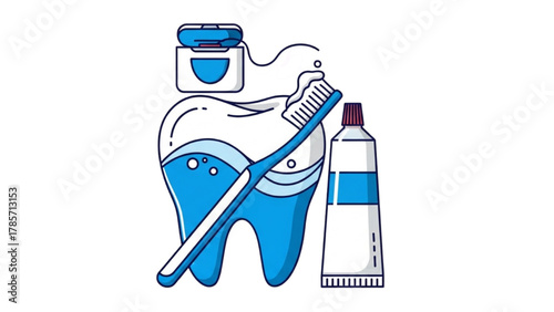 Dental Care Icon Tooth, Toothbrush, Floss, and Toothpaste in a Clean, Blue Design