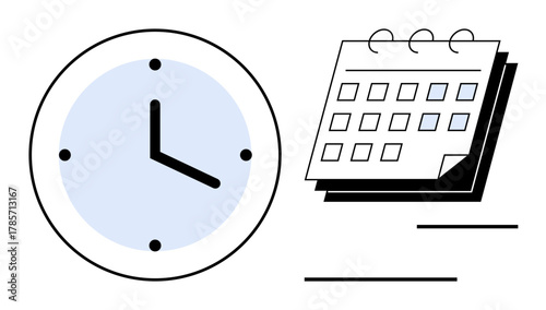Clock with black hands and numbers next to a calendar with marked dates. Ideal for productivity, organization, time tracking, deadlines, reminders, meetings, and schedules. Simple flat metaphor