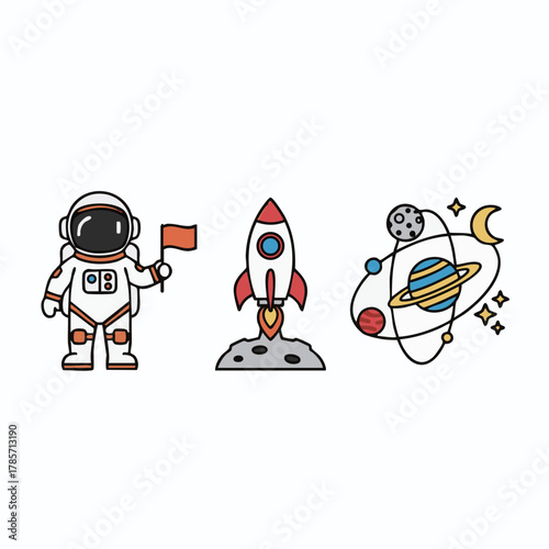 Minimal Astronaut Rocket Space Exploration Icon Set Vector