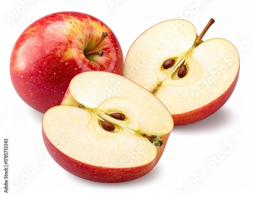 Apples! One whole, two cut showing core. Ripe fruit