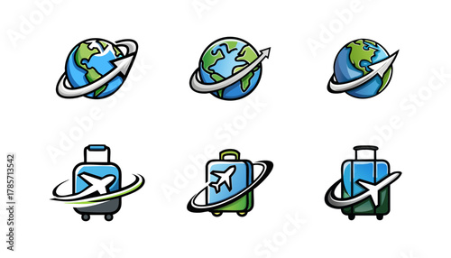 Graphic design showcases globe and luggage icons with orbiting arrows, plane, and travel themes