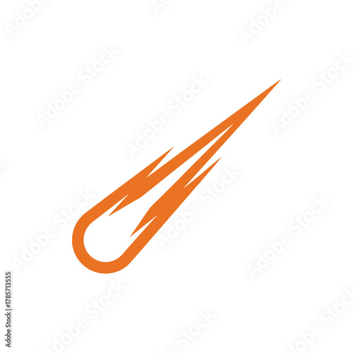 A stylized orange comet or meteor streaking across a white background with a fiery trail.
