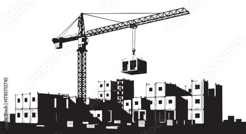 A construction crane lifts a modular building unit, showcasing modern architecture and urban development in a detailed monochrome illustration.