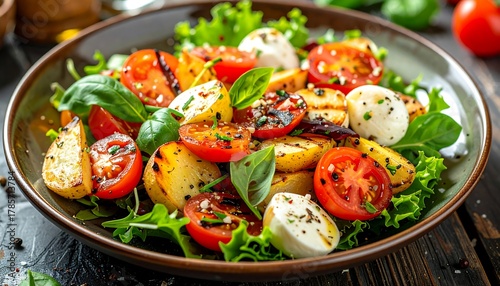 Vibrant salad with grilled potatoes, tomatoes, mozzarella, and fresh basil served on a dark plate and wood surface