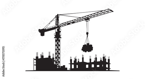 A silhouette of a construction crane lifting a load over a building under construction, representing progress and development in urban areas.