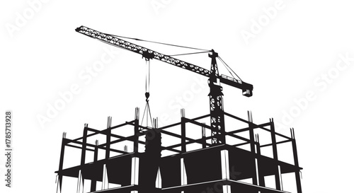 A silhouette depicts a construction crane lifting materials onto a building structure, highlighting urban development and architectural progress.