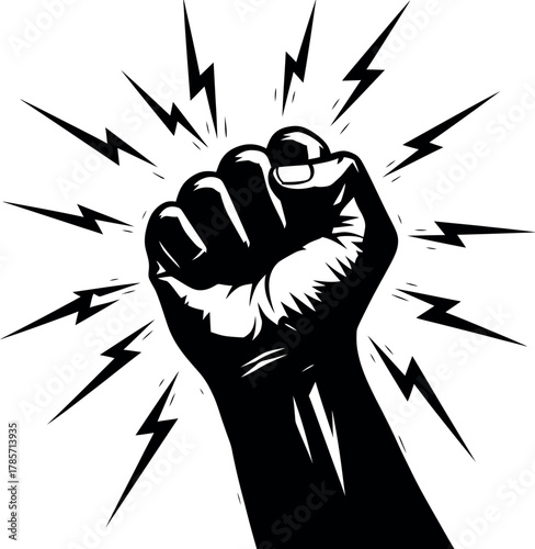 Black clenched fist with lightning isolated on white background illustration