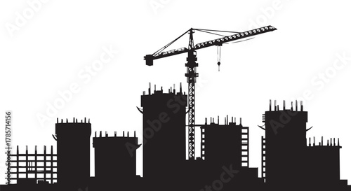 A silhouette of a construction site featuring a towering crane and unfinished buildings against a bright white backdrop, symbolizing progress.