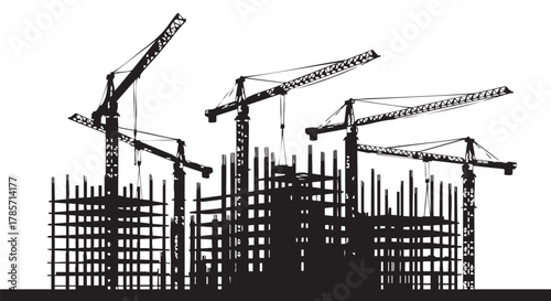 Silhouette of a building under construction, featuring multiple cranes against a white backdrop, symbolizing progress and urban development.