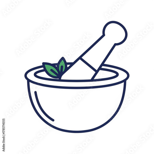 Mortar and pestle with leaves silhouette isolated on white background