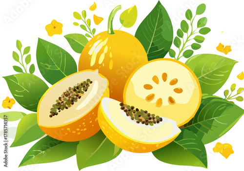 Fresh Papaya Fruit Illustration With Slices And Leaves Representing Healthy Eating And Natural Nutrition
