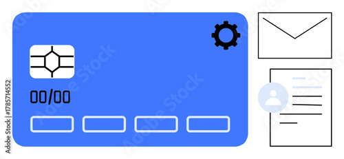 Blue digital chip card with a settings gear icon, envelope, profile document. Ideal for payment, identity, communication, security, organization technology and networking. Simple flat metaphor