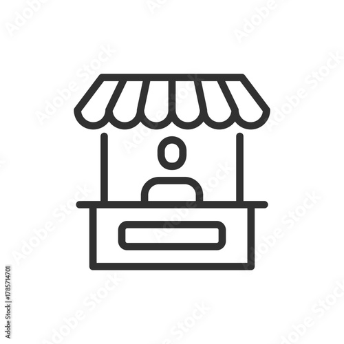 Market stall with seller, linear icon. Small retail business and street trade. Line with editable stroke.