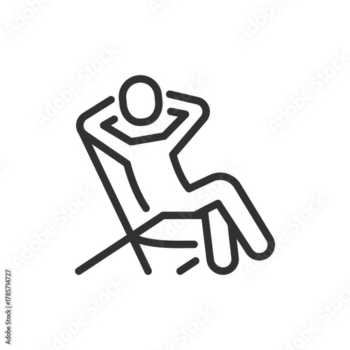 Person relaxing on lounge chair, linear icon. Leisure, comfort and vacation rest. Line with editable stroke.