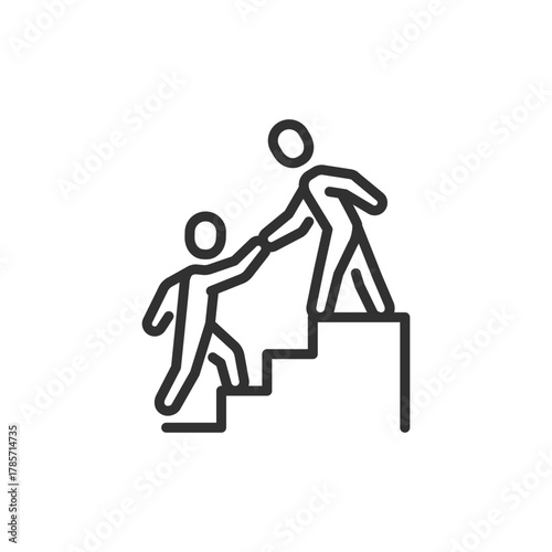Person helping another climb stairs, linear icon. Career growth and mentorship support. Line with editable stroke.