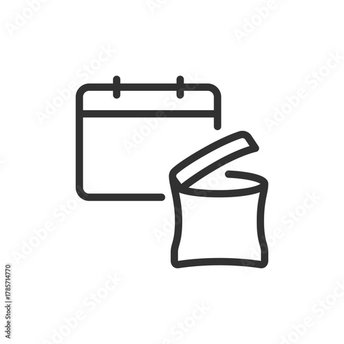 Opened food pack with calendar, linear icon. Expiration and use-before date. Line with editable stroke.