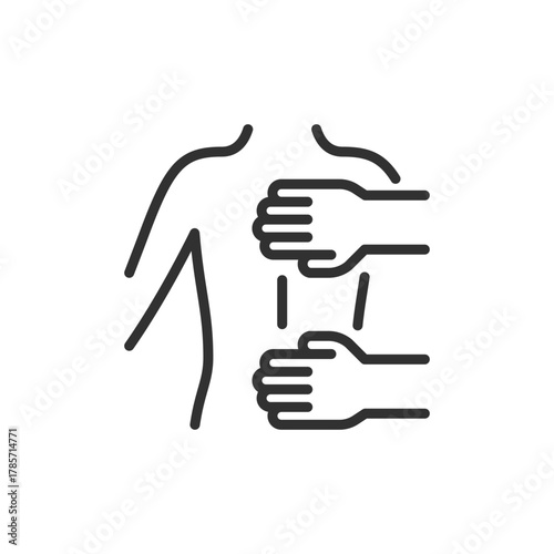 Hands massaging back, linear icon. Body therapy and relaxation treatment. Line with editable stroke.