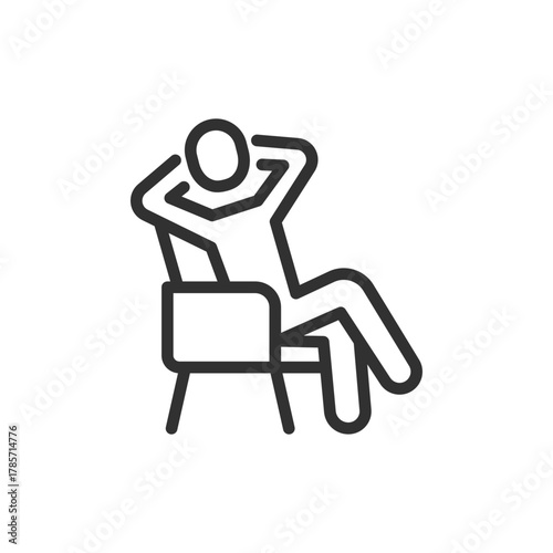 Person relaxing on chair, linear icon. Rest and recreation area concept. Line with editable stroke.