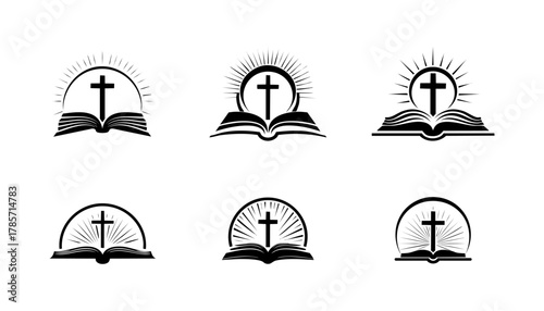 Six simple black and white Christian symbols featuring crosses over open books
