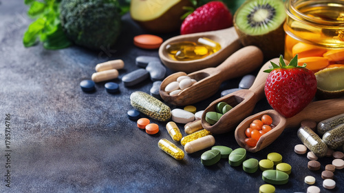 Assortment of Health Foods and Dietary Supplements with Fresh Fruits and Vegetables