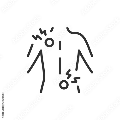 Person with back pain, linear icon. Spine ache and muscle tension. Line with editable stroke.