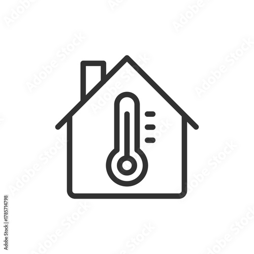 House with thermometer, linear icon. Home temperature and climate control. Line with editable stroke.