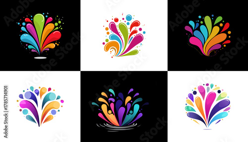 Six colorful, abstract illustrations of stylized bursts, featuring fluid shapes and droplet designs