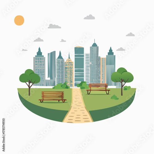 City park with benches and pathway facing modern city buildings